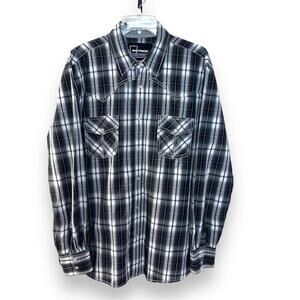 Men’s black and white petrol brand western pearl snap button down shirt size Lg